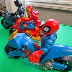 Superhero Action Figures with Motorcycles - Blue and Red